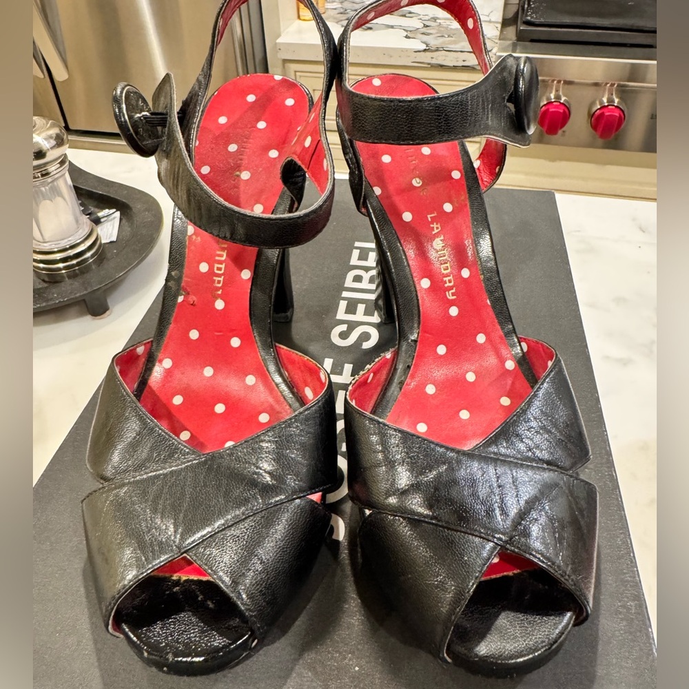 Vintage Chinese Laundry Red Polka Dot Lined Black Leather ankle Strap Sandals